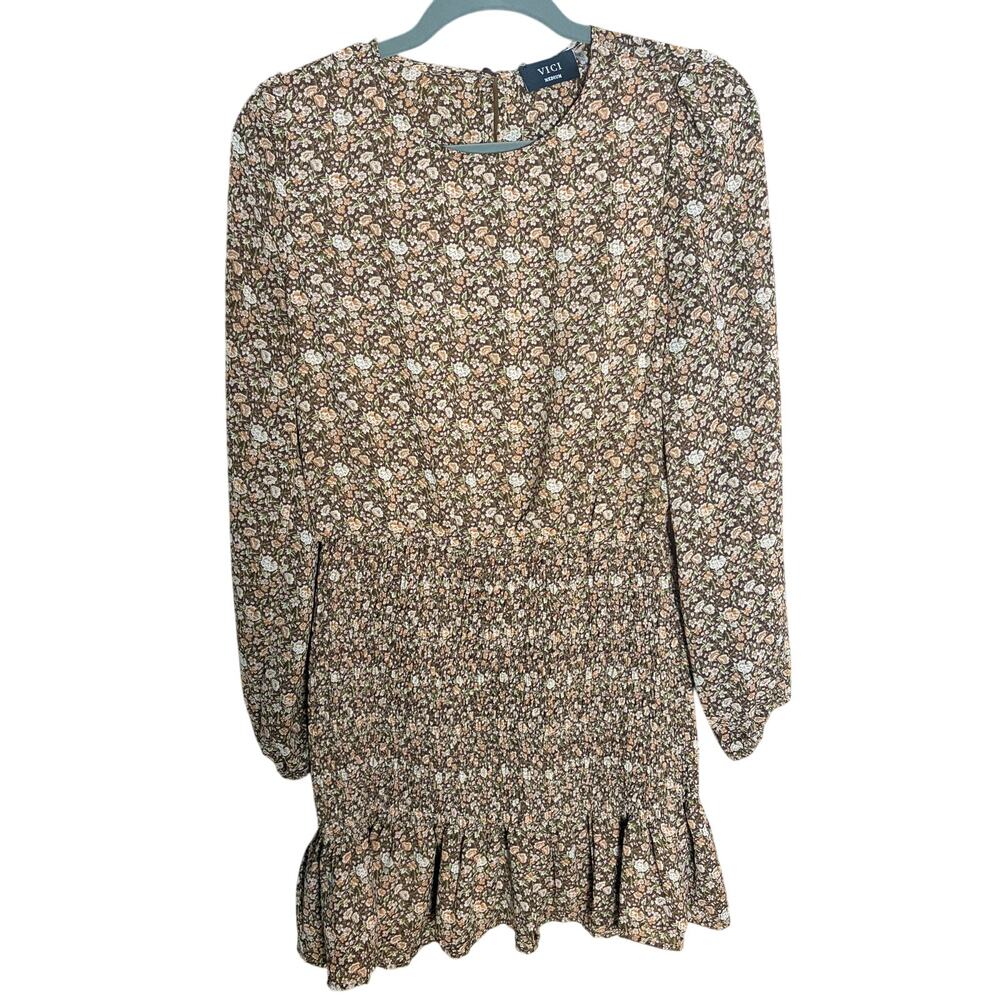 VICI Brown Floral Smocked Mini Dress Long Sleeve Cottagecore Boho M coquette